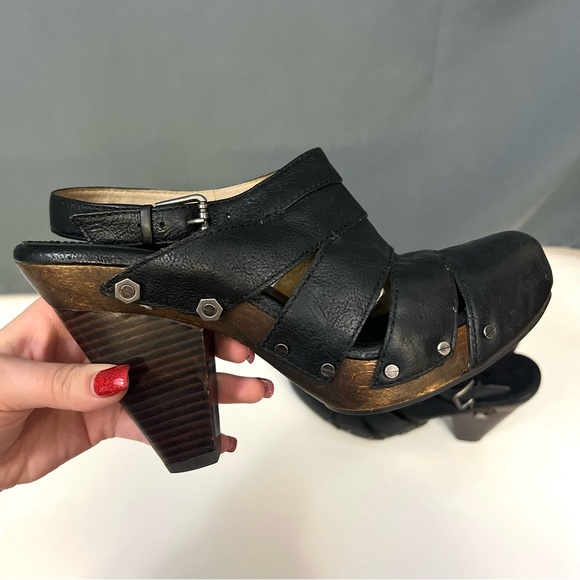 Frye Black Flora Stitch Leather Stacked Heel Slingback Clog Heels - Picture 2 of 6